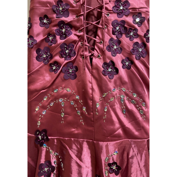 Vintage Y2K Pink/Magenta Beaded Floral Prom Gown Formal Dress Spaghetti Strap - Picture 8 of 10